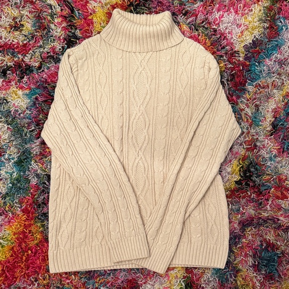 croft & barrow Sweaters - Cream Turtleneck Cable Knit 100% Cotton Ribbed Sweater